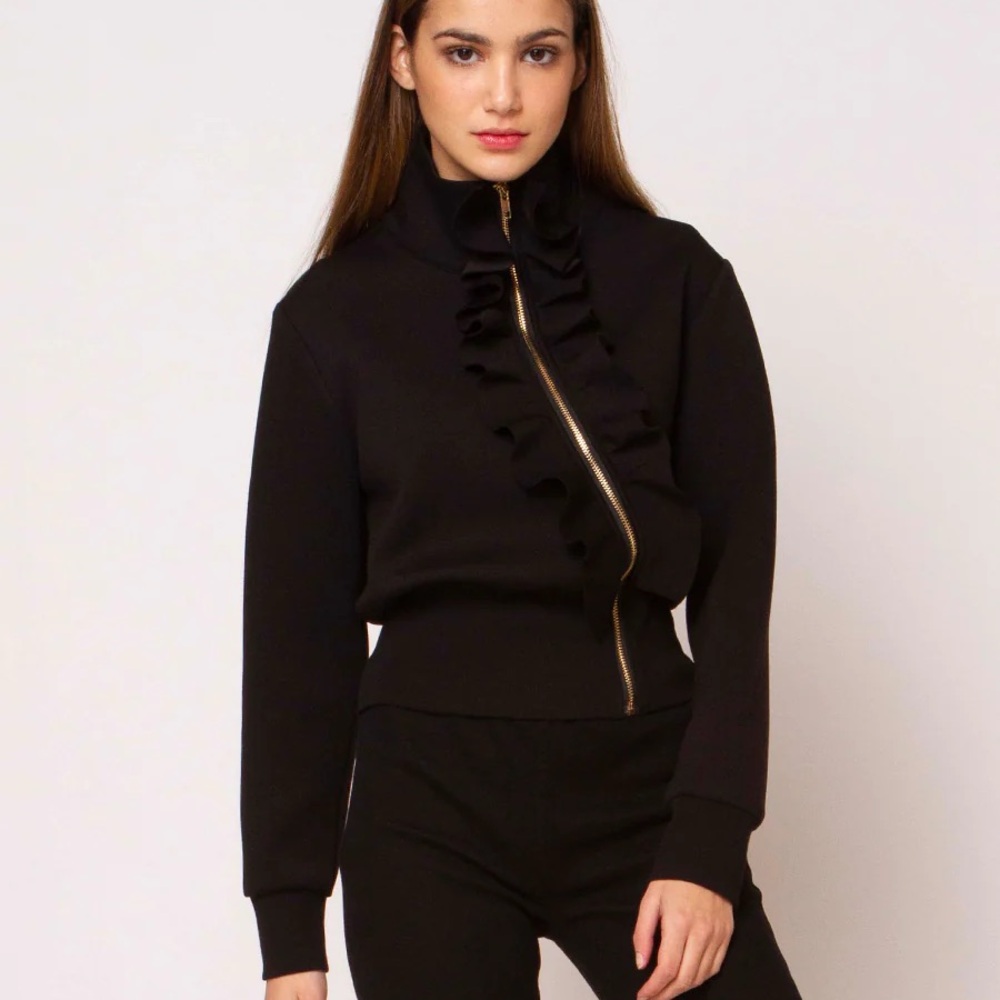 Chic Black Ruffle Zip-Up Jacket